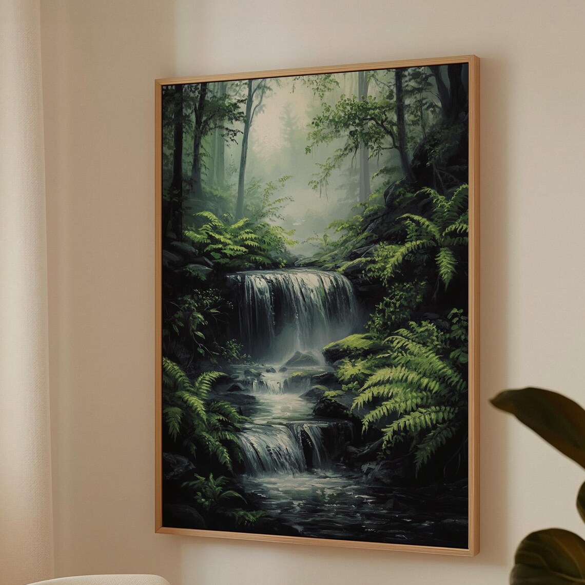 Tranquil Forest Waterfall Wall Art Serene Nature Scene With Lush Greenery For Relaxing Home Or Office Decor