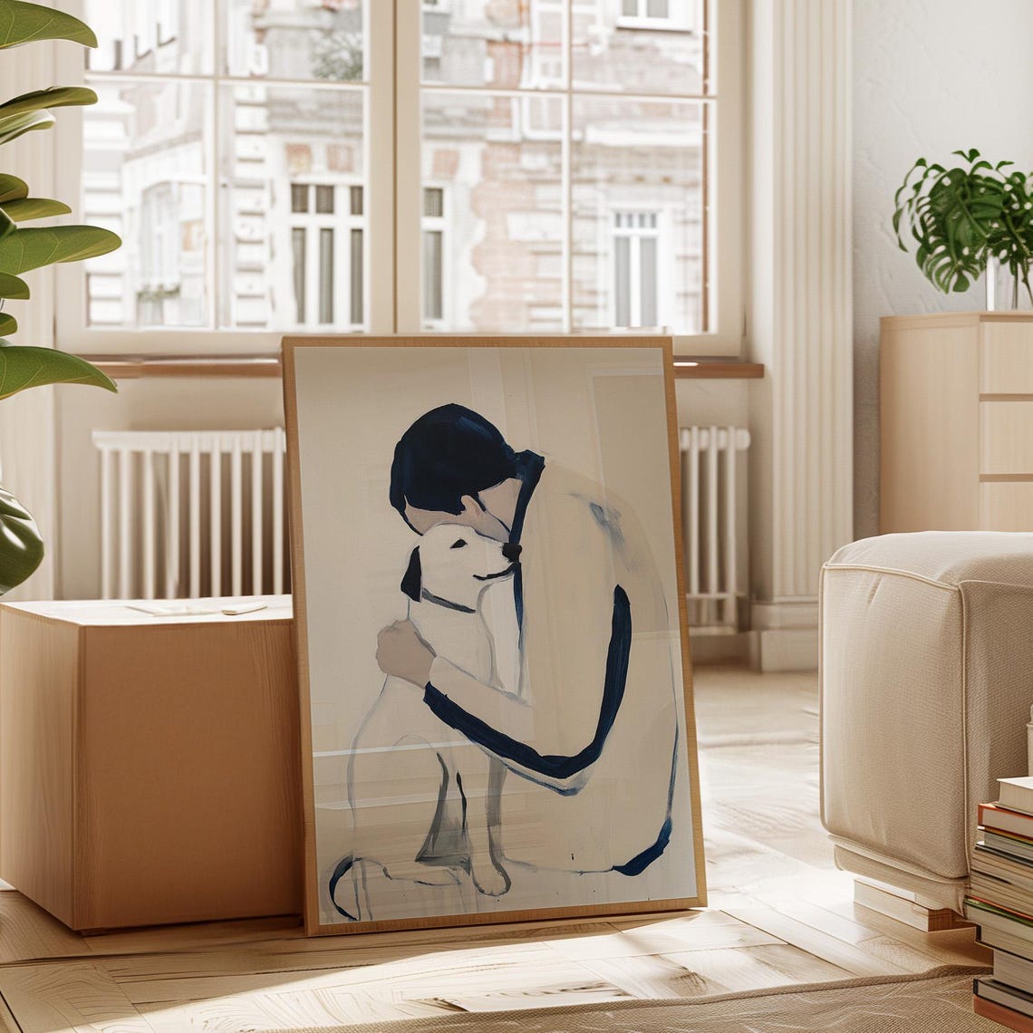 Man Hugging Dog Minimalist Painting Gentle Pet Bond Wall Art