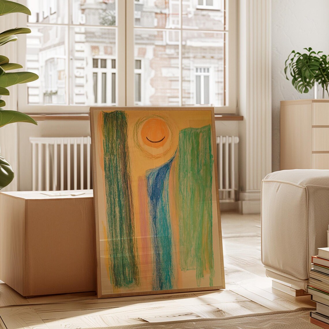 Abstract Smiling Sun And Flowing Blue River Crayon Art Print