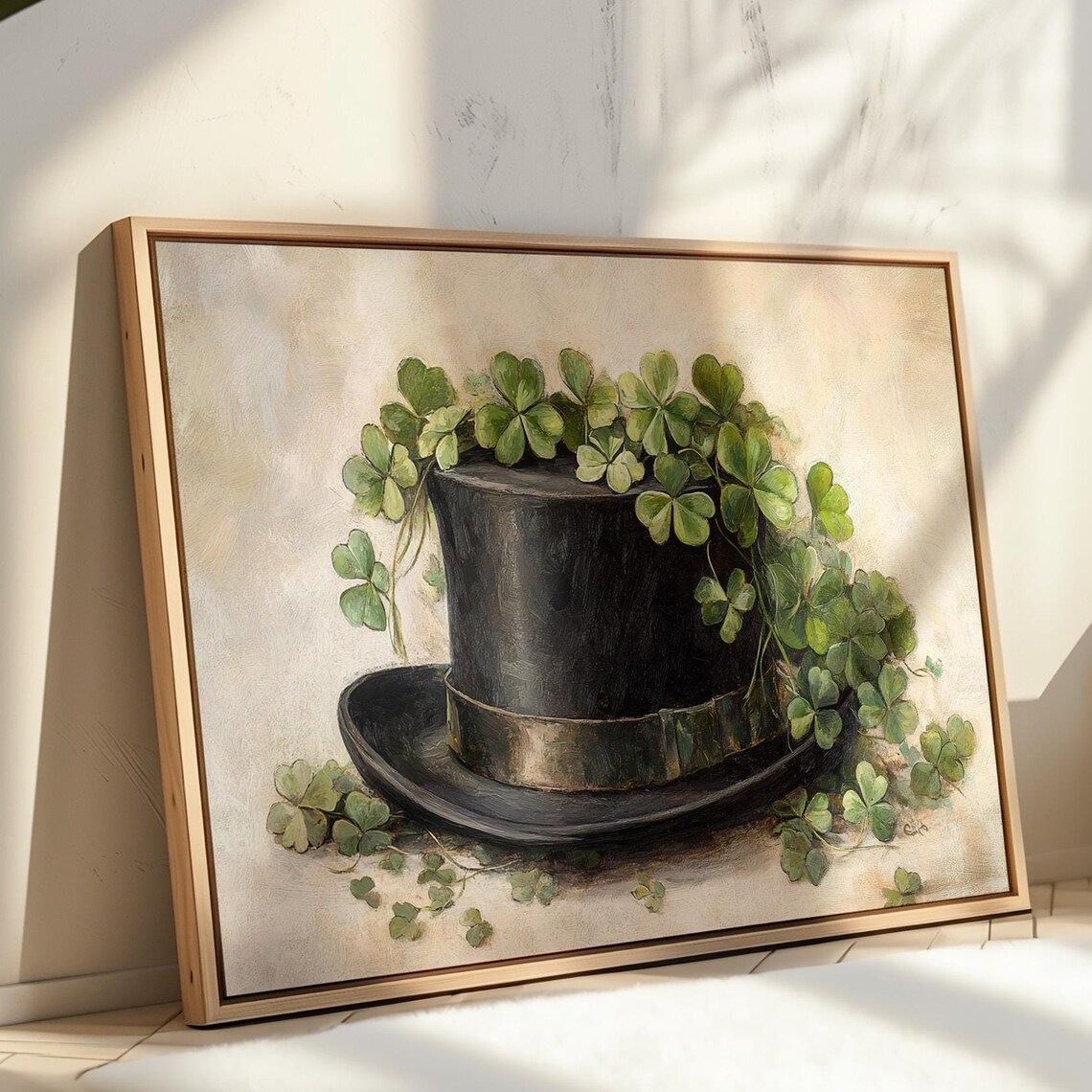 Black Top Hat With Green Shamrocks, St Patricks Day Art Print