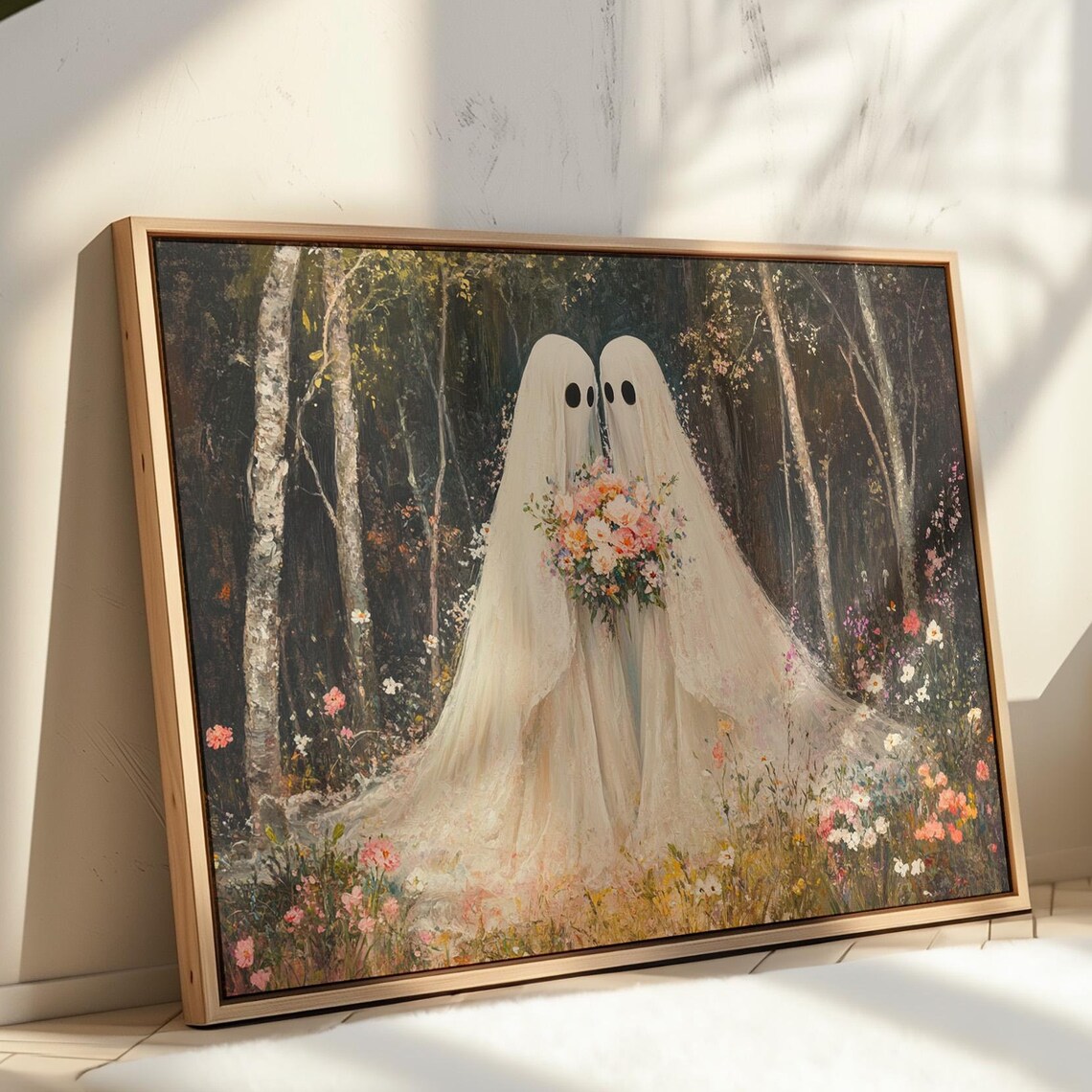 Ghost Couple Wedding in Dark Forest Holding Floral Bouquet Art Poster