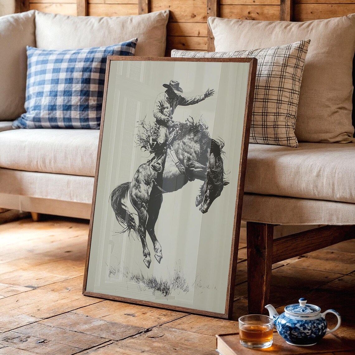 Cowboy Riding Bucking Horse Western Rodeo Ink Sketch Art Poster