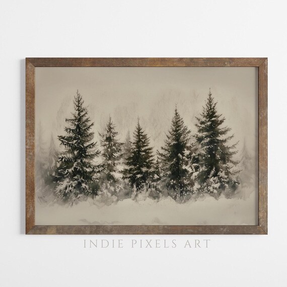Winter Prints Vintage Christmas Tree Print Christmas Decor Wall Art Moody Natural Antique Holiday Winter Evergreen Tree Painting