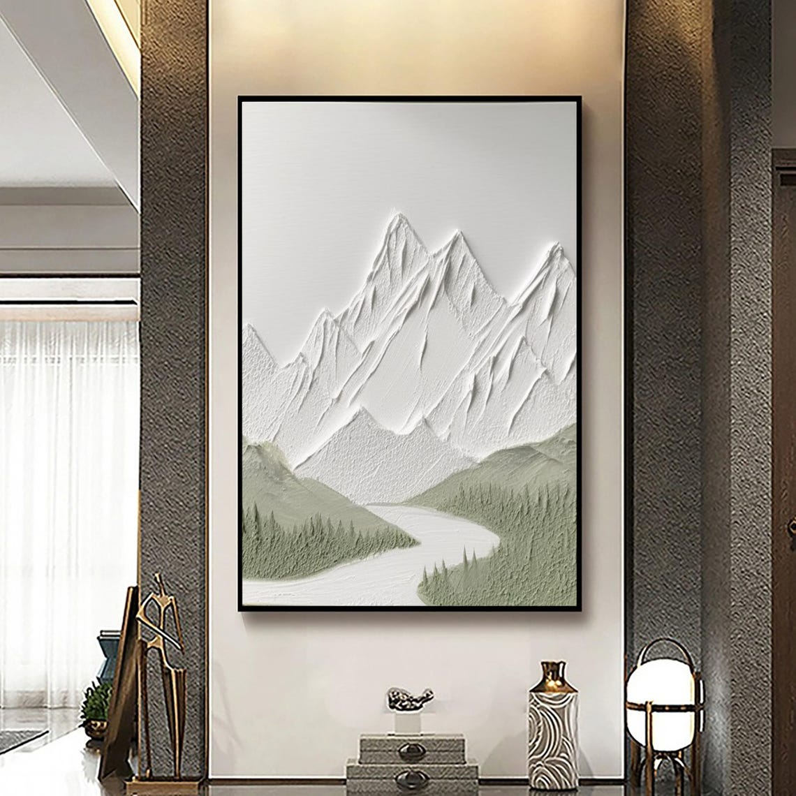 White Textured Snowy Peaks Sage Green Valley River Impasto Poster - Image 4