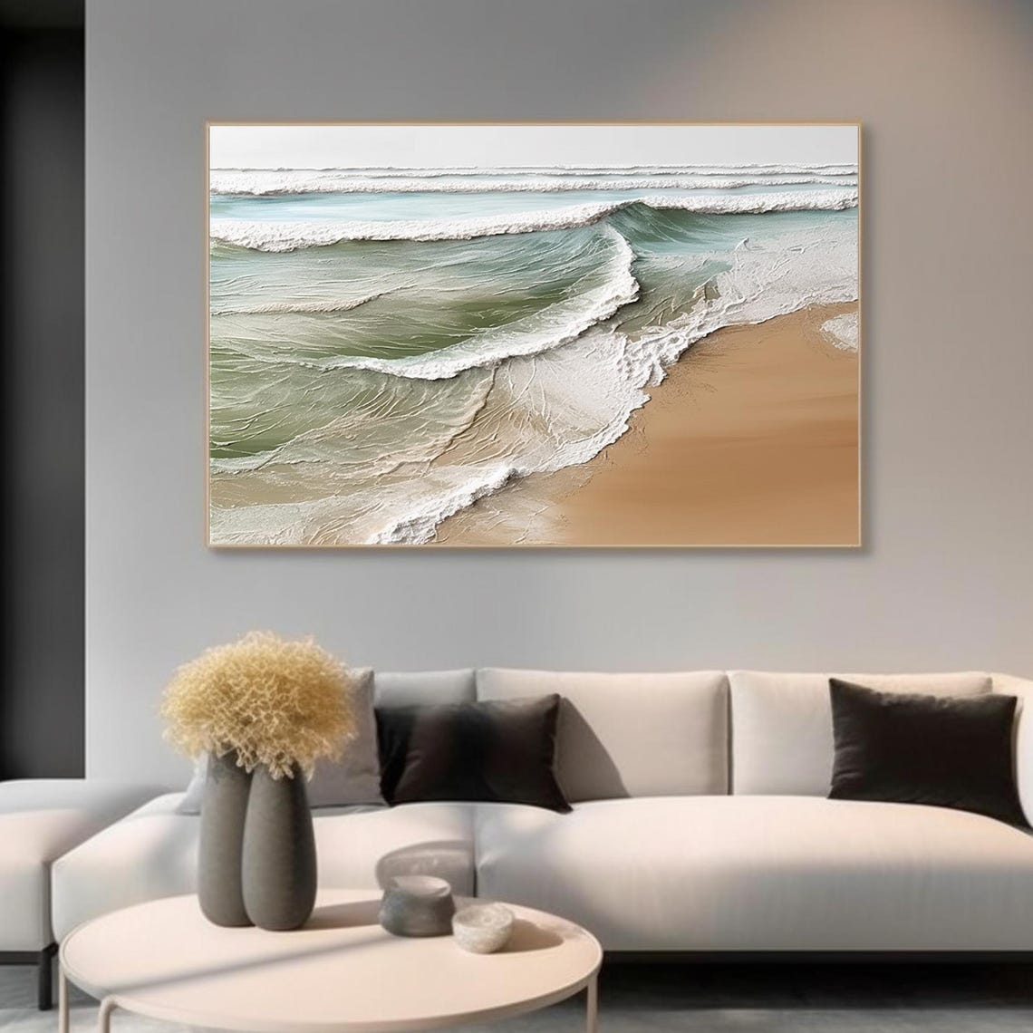 Teal Ocean Waves Washing Tan Sand Beach Panoramic Seascape Art Poster