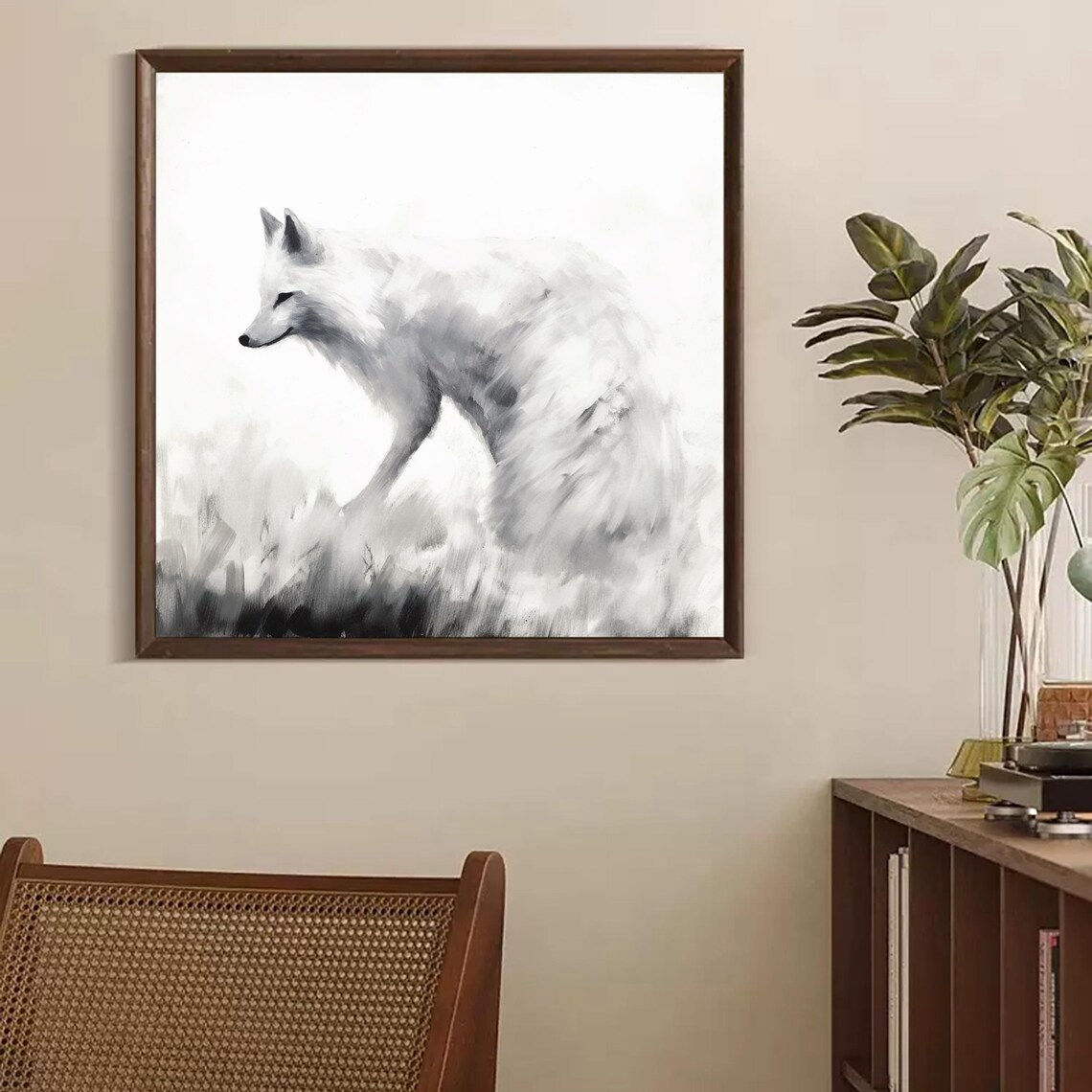 Minimalist White Fox Walking Winter Snow Scene Animal Canvas Wall Art Print - Image 3