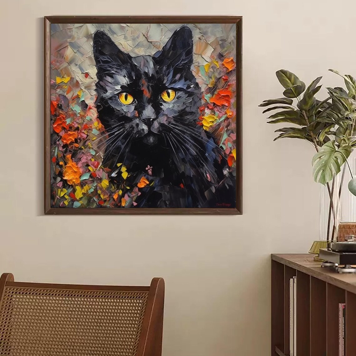 Black Cat Golden Eyes Autumn Flower Garden Impasto Oil Painting Art Print - Image 2