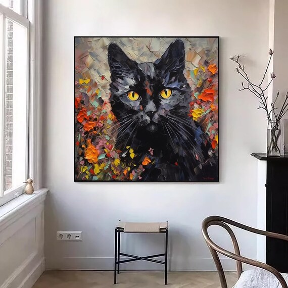 Black Cat Golden Eyes Autumn Flower Garden Impasto Oil Painting Art Print