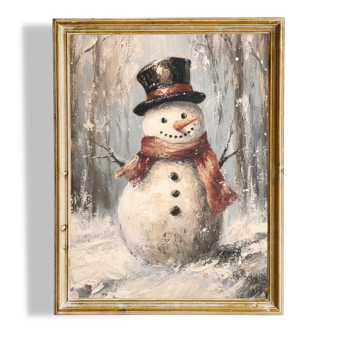 Smiling Snowman In Top Hat And Red Scarf In Winter Snowfall Poster
