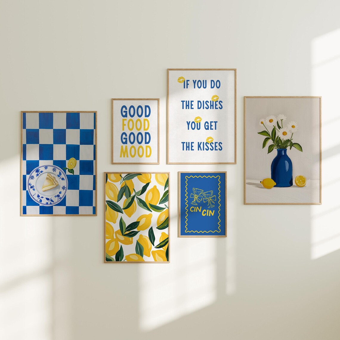 Lemon Kitchen Set Of 6 Blue And Yellow Retro Food Quote Art Print