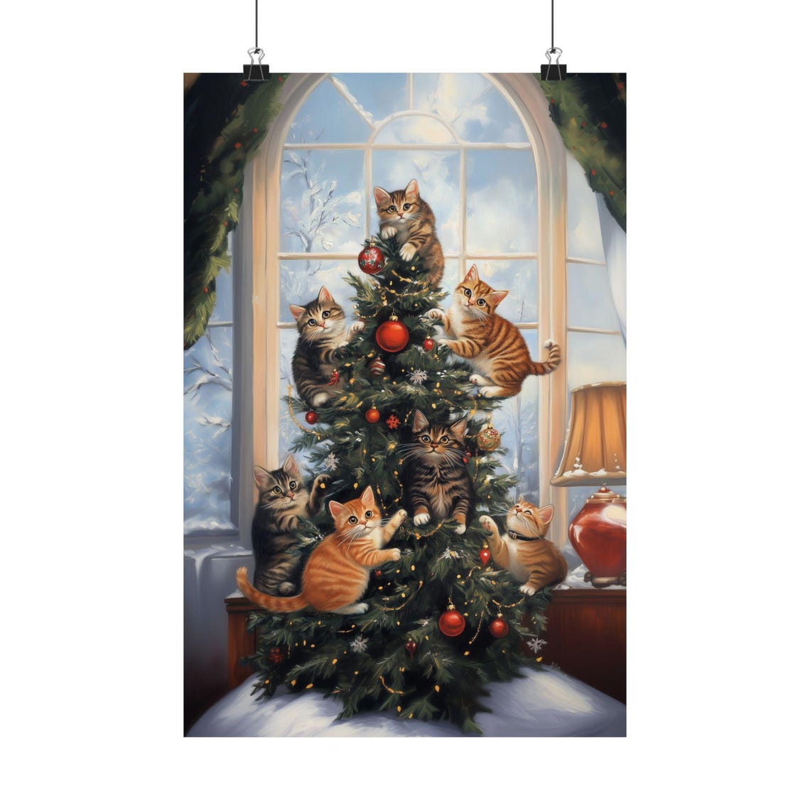 Playful Kittens Climbing a Decorated Christmas Tree Painting Art Print - Image 2