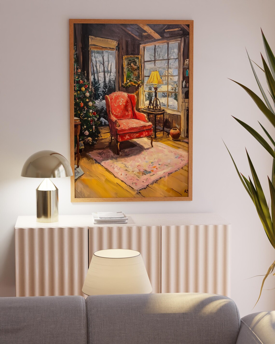 Cozy Christmas Interior Red Armchair Painting Holiday Poster - Image 3