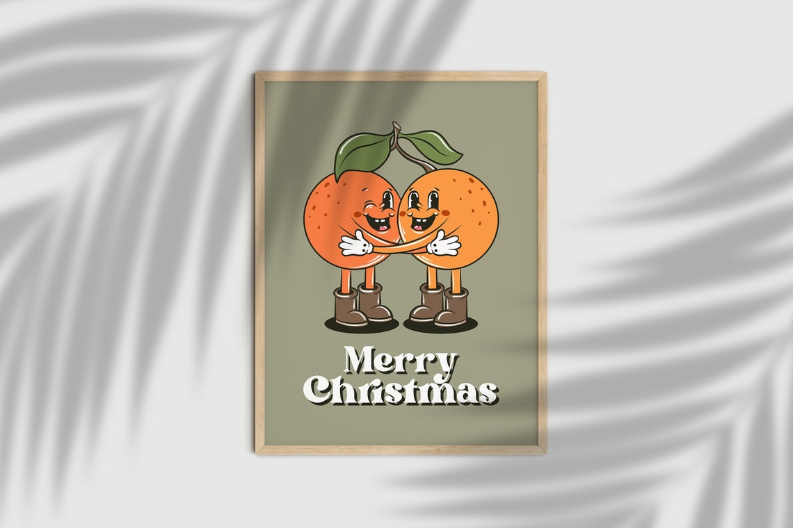 Merry Christmas Hugging Oranges Retro Cartoon Holiday Poster