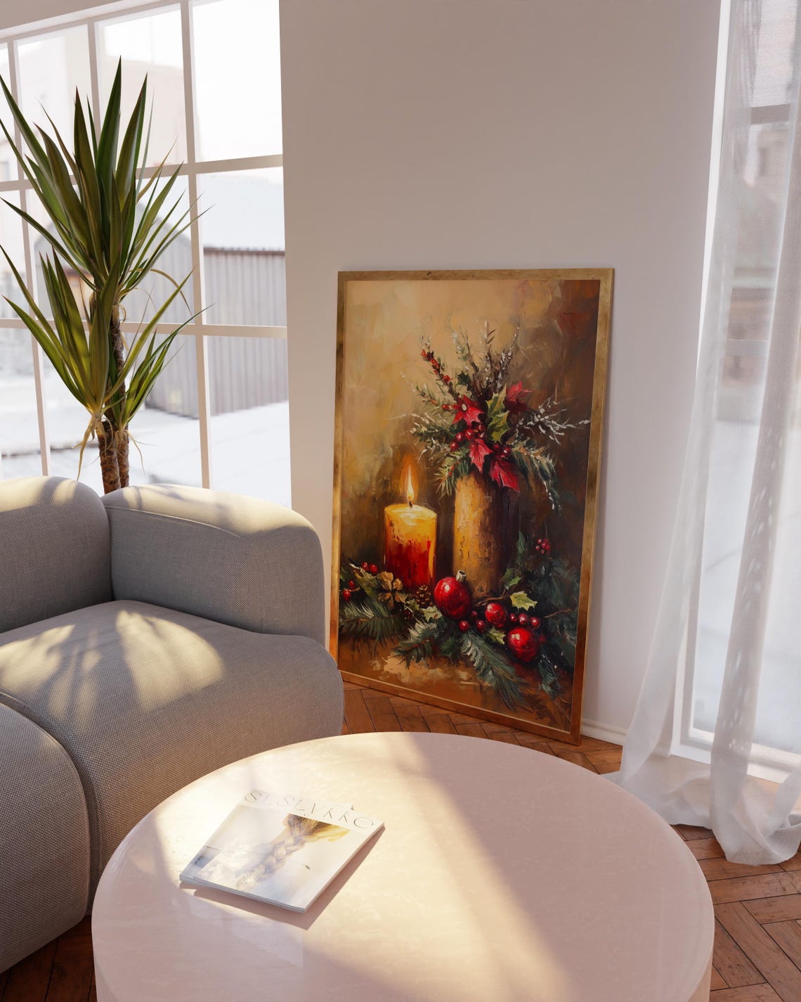 Vintage Christmas Candle Still Life Painting Poster with Holly Decor - Image 3