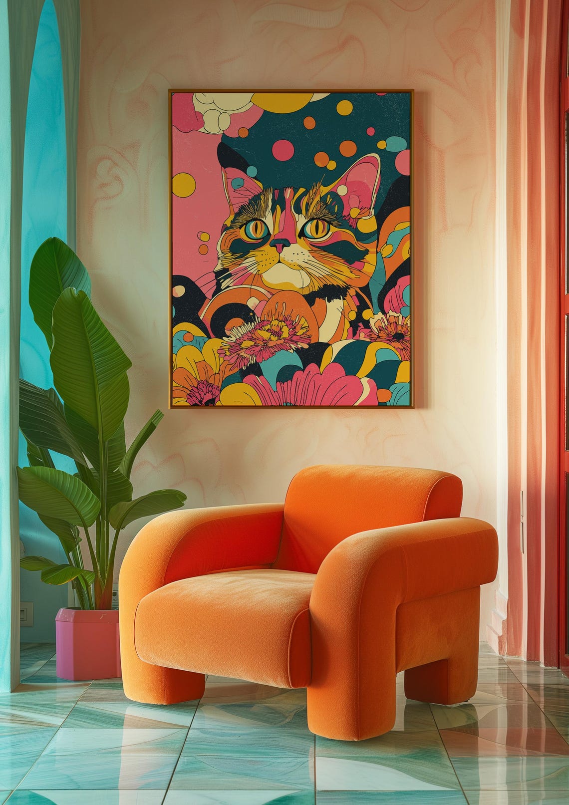 Psychedelic Colorful Cat Groovy Floral Aesthetic Retro Wall Art - Image 4