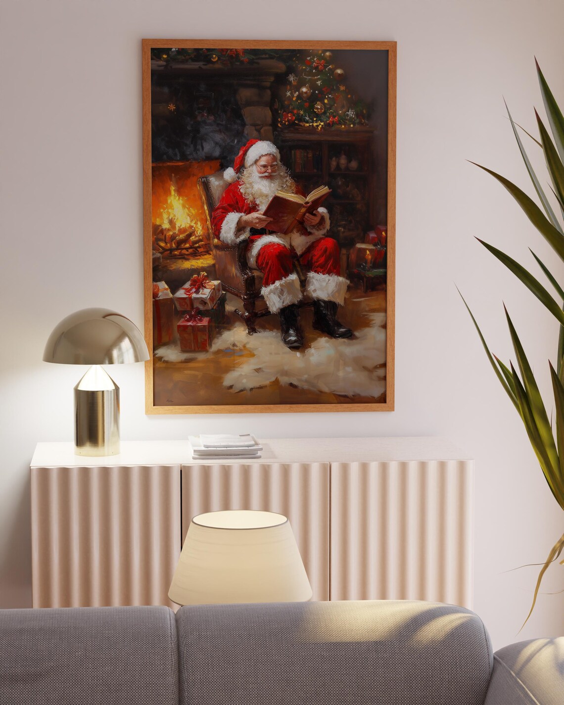 Santa Claus Reading By Fireplace Vintage Christmas Scene Poster
