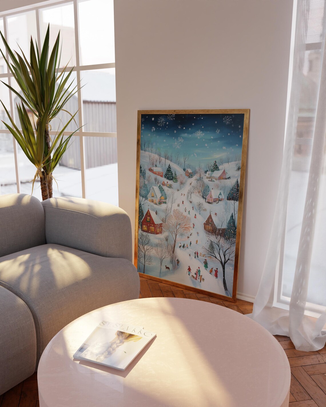 Snowy Winter Village Panorama Skiers Red Barns Holiday Poster - Image 2