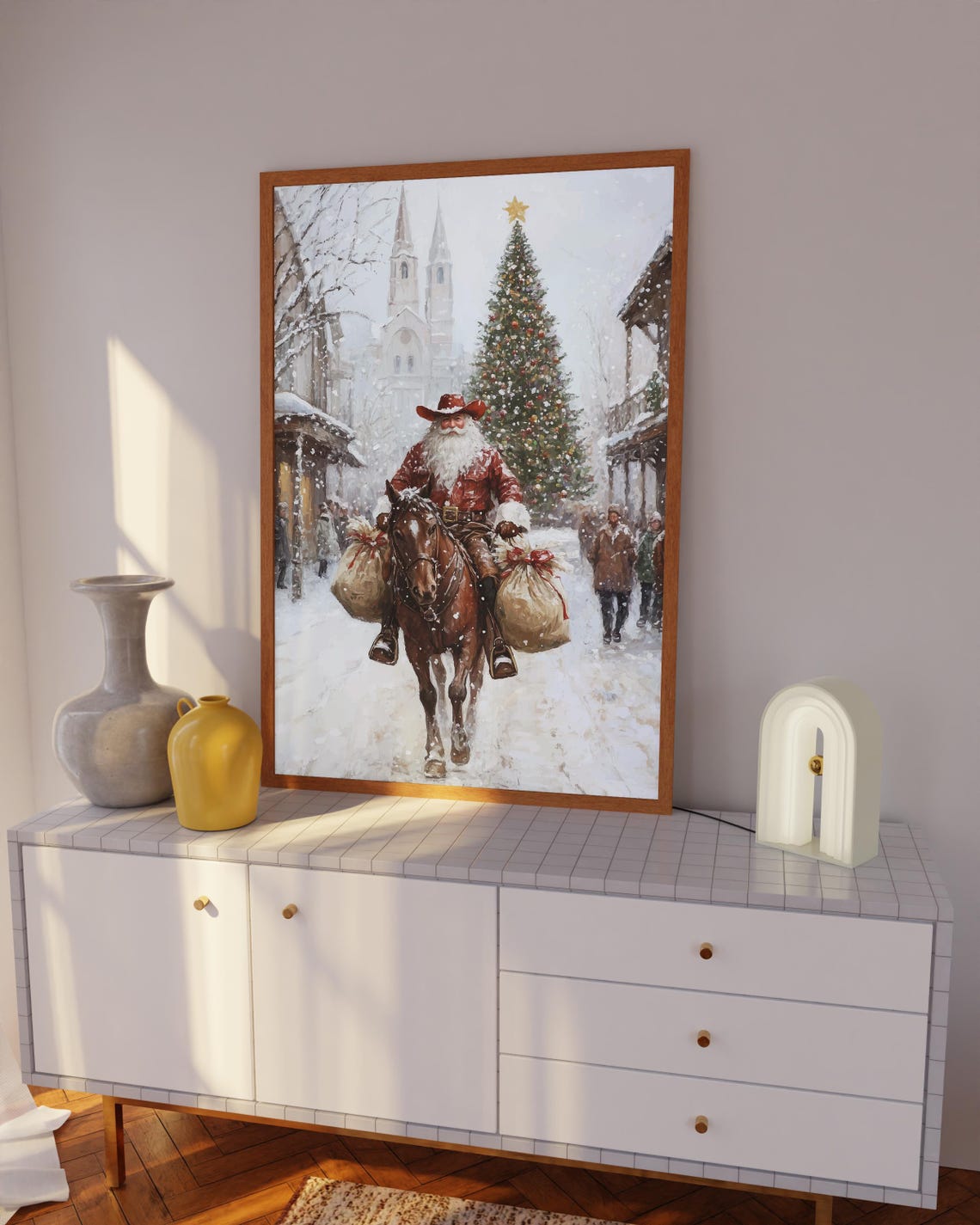 Cowboy Santa Vintage Oil Painting Santa Claus Riding A Horse Downtown Print Santa Carrying Gifts Bags Snowy Landscape Christmas Wall Art - Image 3