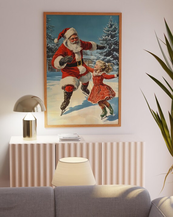 Santa Claus Ice Skating Little Girl Red Dress Vintage Art Poster