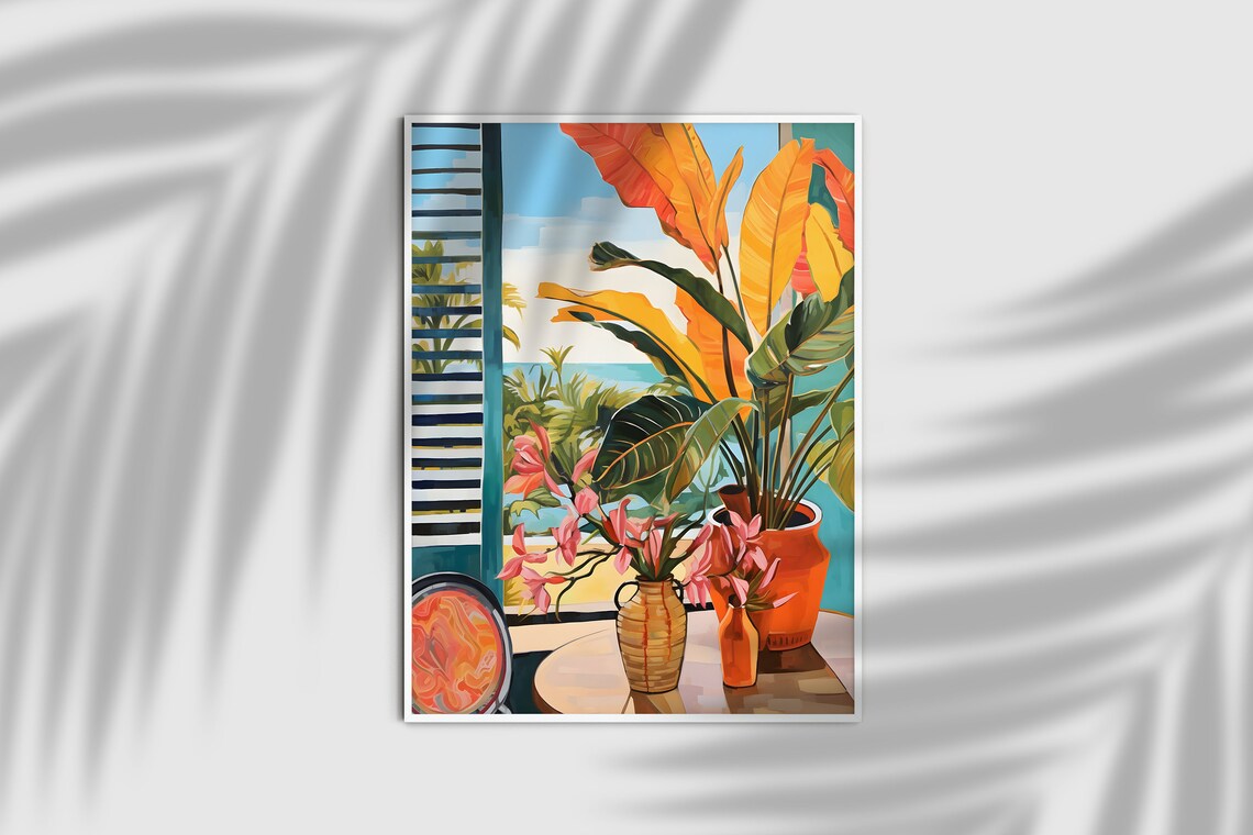 Tropical Banana Leaves Terracotta Pots Floral Still Life Wall Art - Image 3