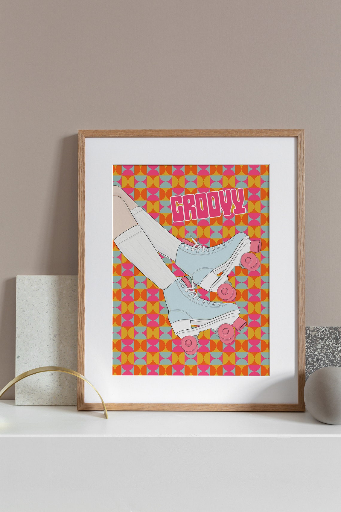 Groovy Retro Roller Skates Geometric Orange Pink 70s Skating Poster - Image 4