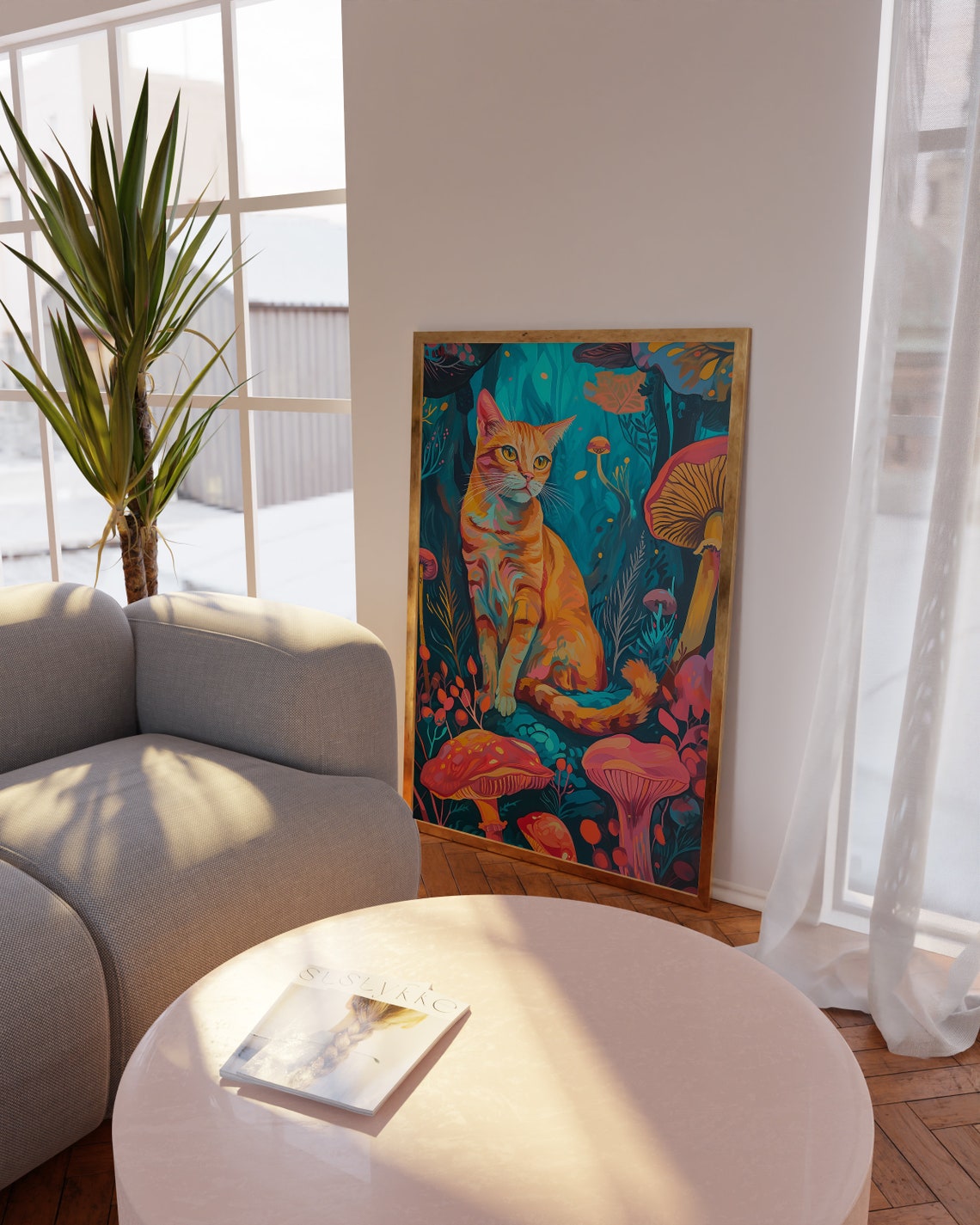 Orange Tabby Cat in Mushroom Forest Psychedelic Artwork Poster - Image 4