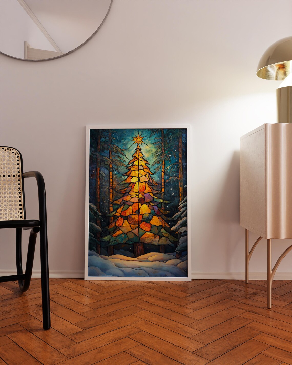 Stained Glass Style Christmas Tree in Snowy Night Forest Art Print - Image 3