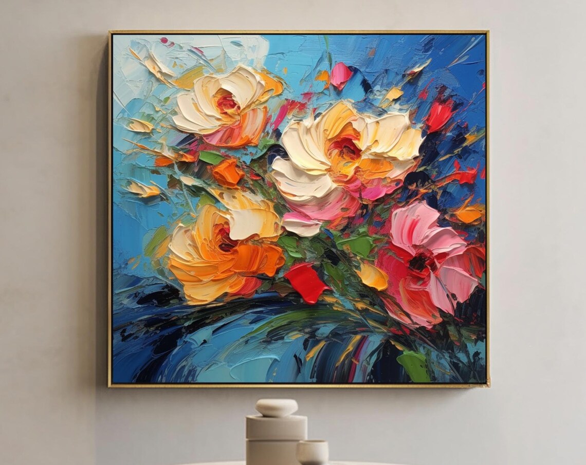 Vibrant Impasto Flower Bouquet On Cobalt Blue Oil Painting Poster