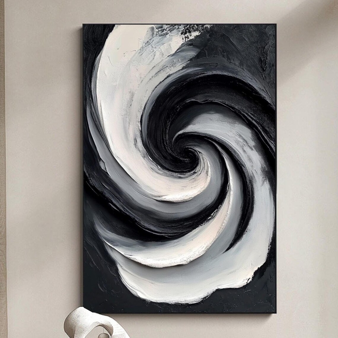 Black And White Spiral Swirl Modern Abstract Oil Painting Poster