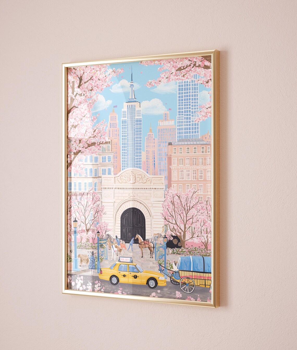 New York City Spring Cherry Blossom Yellow Taxi Carriage Poster - Image 2