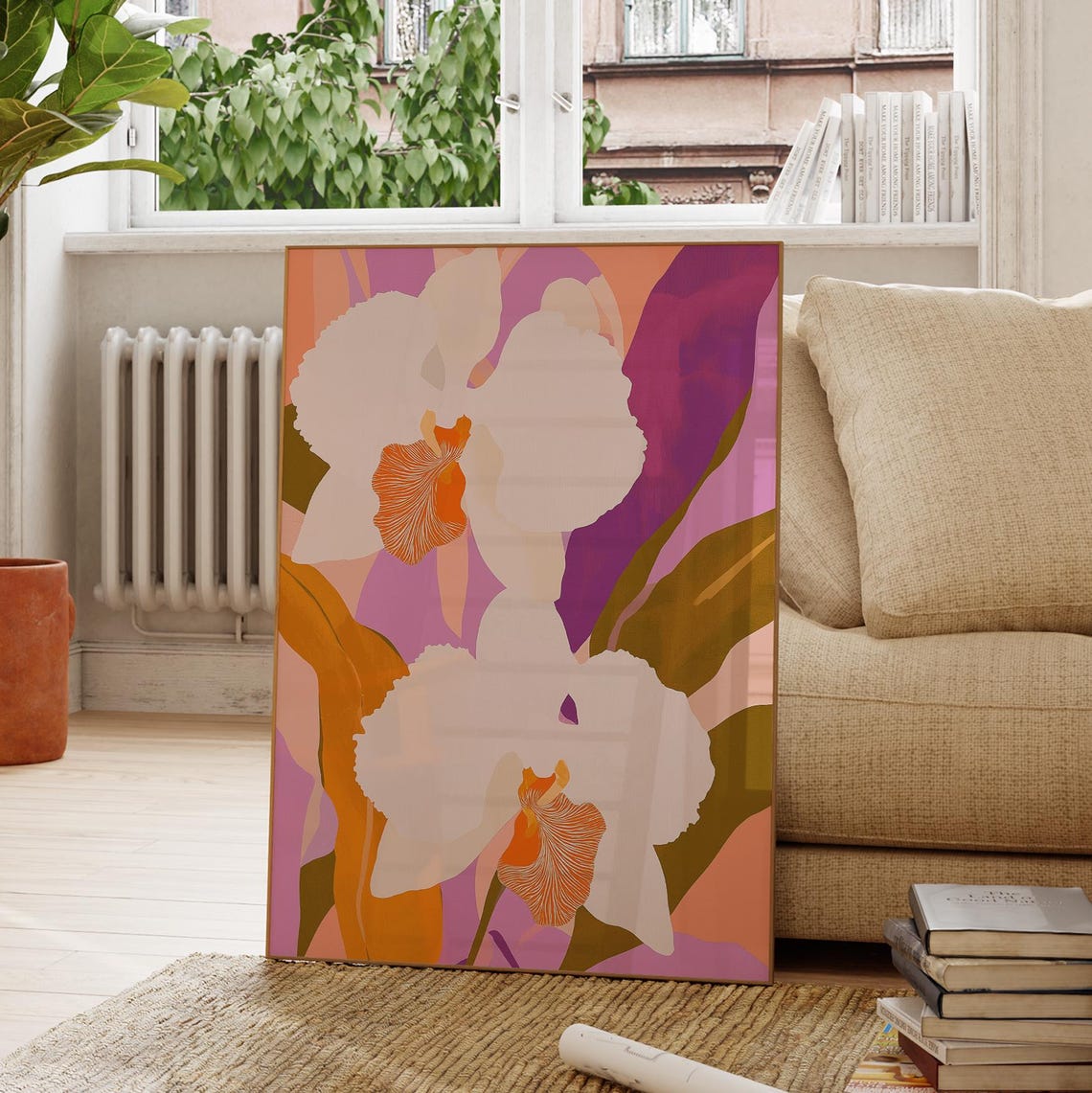 Abstract White Orchid Print Purple Orange Modern Floral Wall Art - Image 4