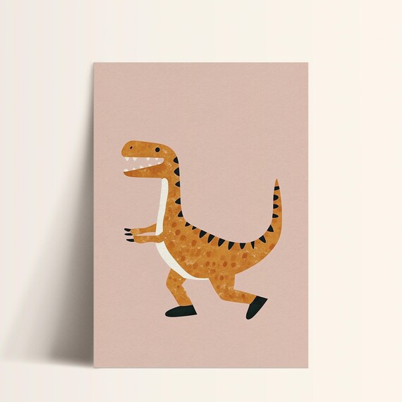 Running Orange Dinosaur Playful Nursery Kids Dino Room Decor Poster