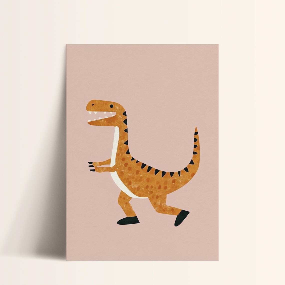 Running Orange Dinosaur Playful Nursery Kids Dino Room Decor Poster