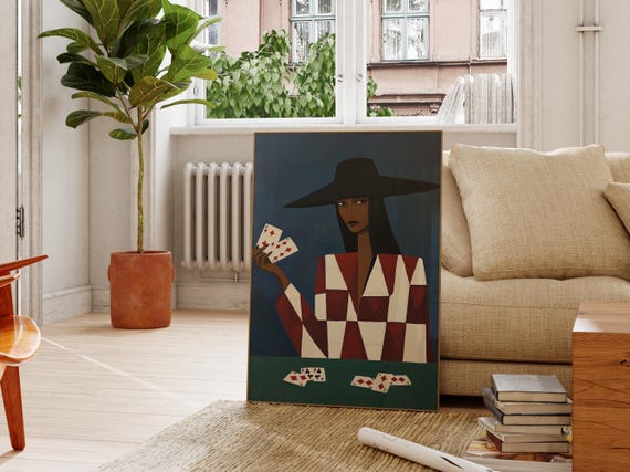 Playing Cards Woman Art Print Maximalist Wall Art Modern Abstract Print Funky Art Living Room Preppy Wall Decor Eclectic Art