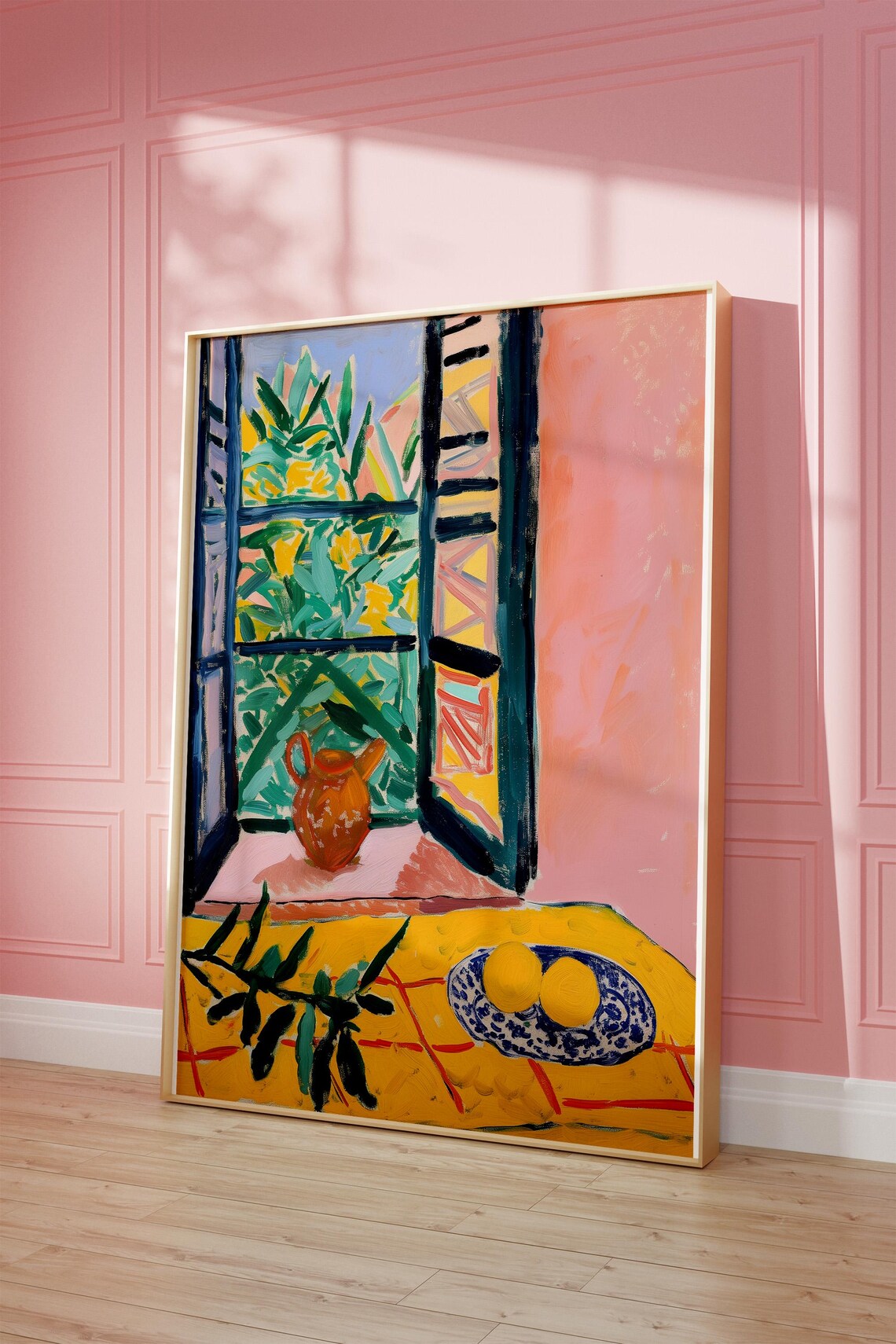 Mediterranean Window View Art Poster with Garden Greens and Clay Jug - Image 2