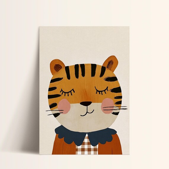 Sweet Sleepy Tiger Gingham Portrait Nursery Kids Room Wall Art