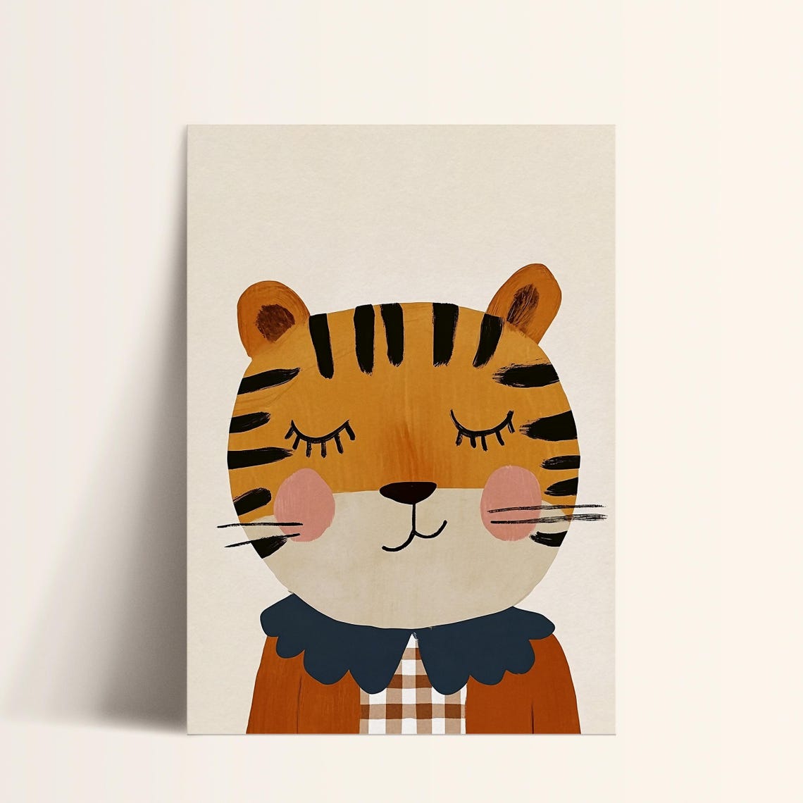 Sweet Sleepy Tiger Gingham Portrait Nursery Kids Room Wall Art