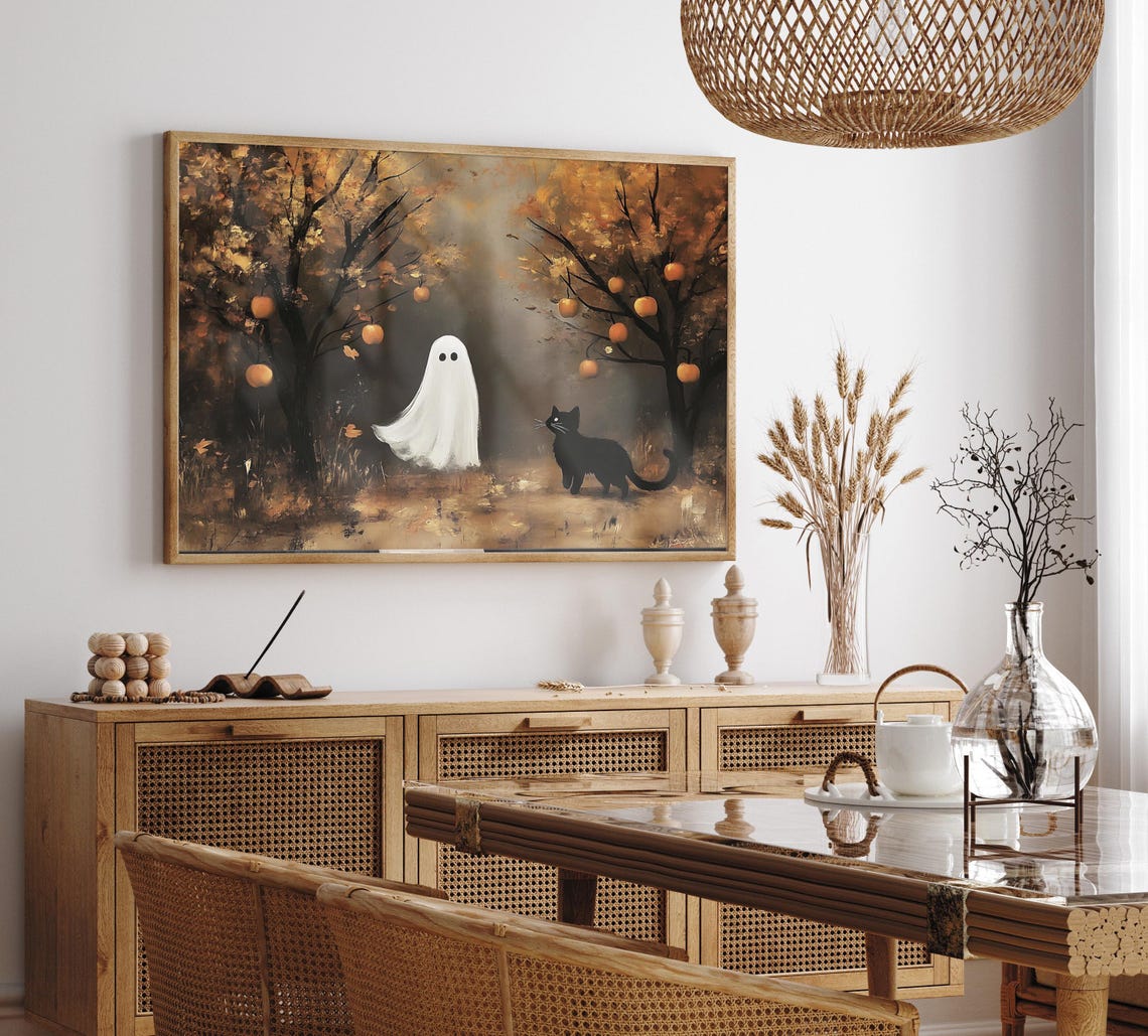 Ghost And Black Cat Under Golden Orchard Trees Autumn Fall Poster - Image 2