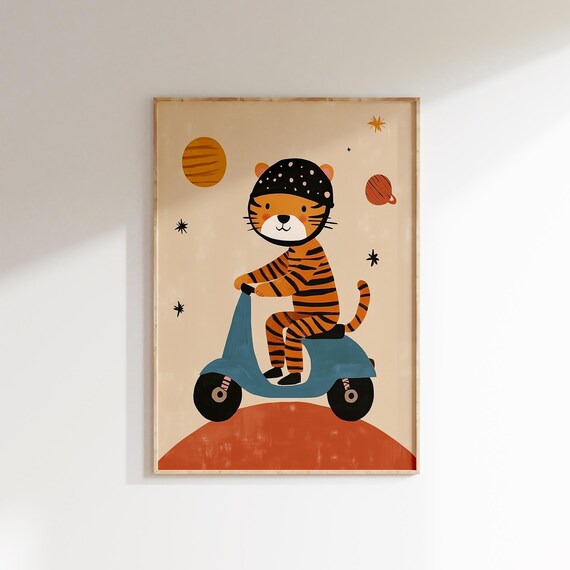 Tiger In Helmet Riding Blue Scooter On Planet Kids Space Nursery Poster