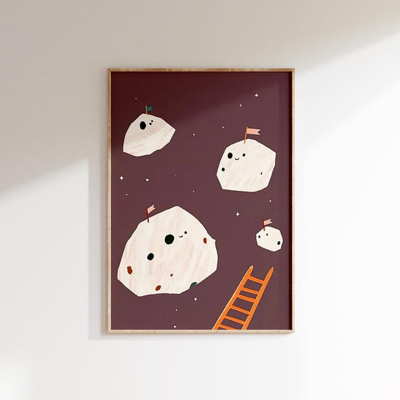 Space Asteroids Wall Art Kids Room Print Cute Planet Nursery Decor