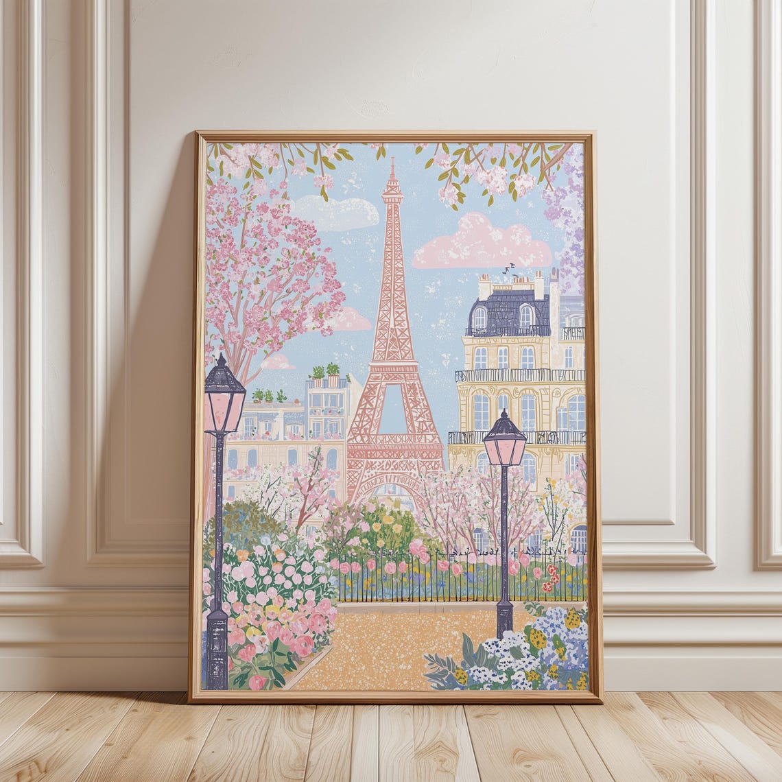 Pink Eiffel Tower Paris Garden Spring Blossoms French Poster