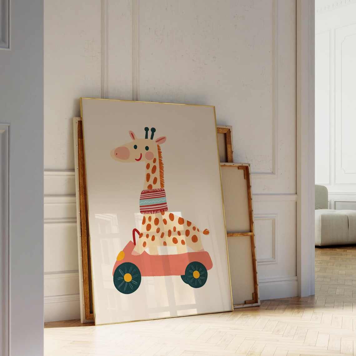 Giraffe Riding Red Convertible Car Safari Nursery Art Poster - Image 5