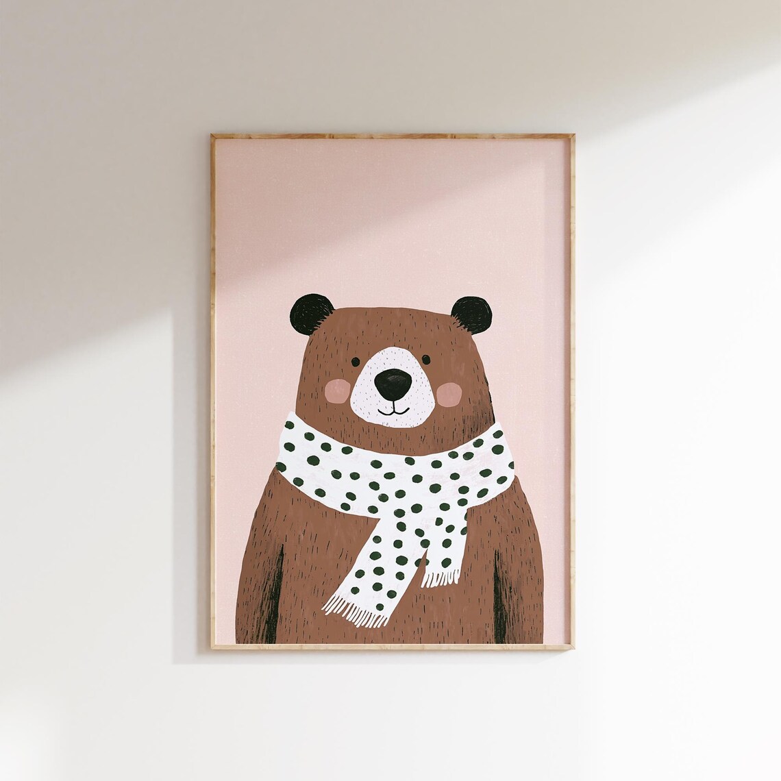 Friendly Brown Bear In Green Polka Dot Scarf Kids Nursery Poster