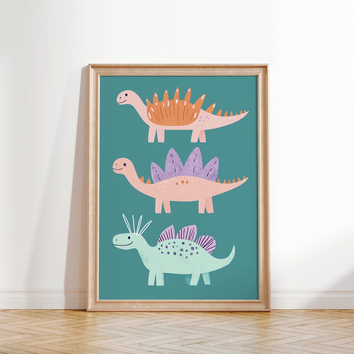 Three Smiling Dinosaurs Stacked Together On Teal Kids Poster - Image 2