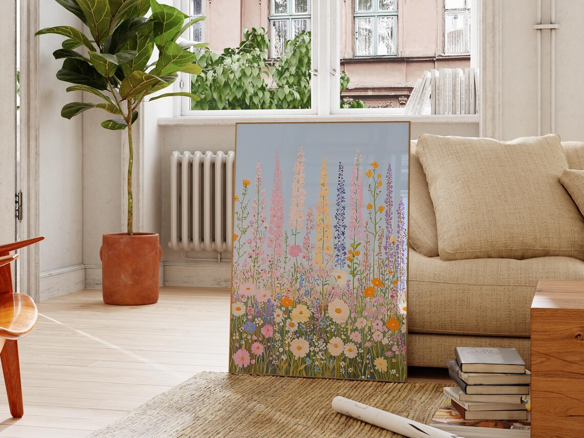 Tall Wildflower Garden Pastel Blooms Blue Sky Cottage Decor Poster