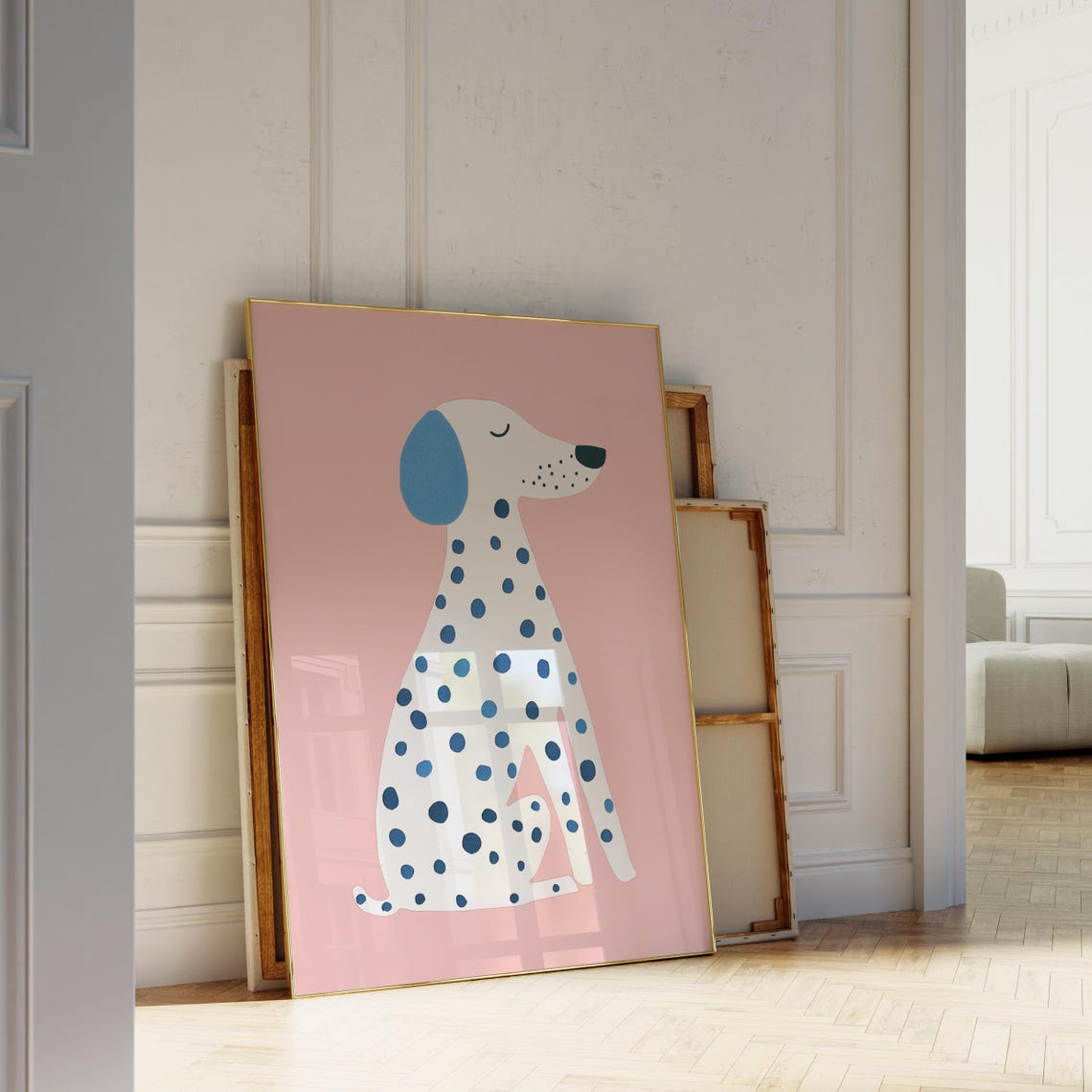 Sleeping Blue Spotted Dog Minimalist Pink Nursery Animal Art Poster - Image 5