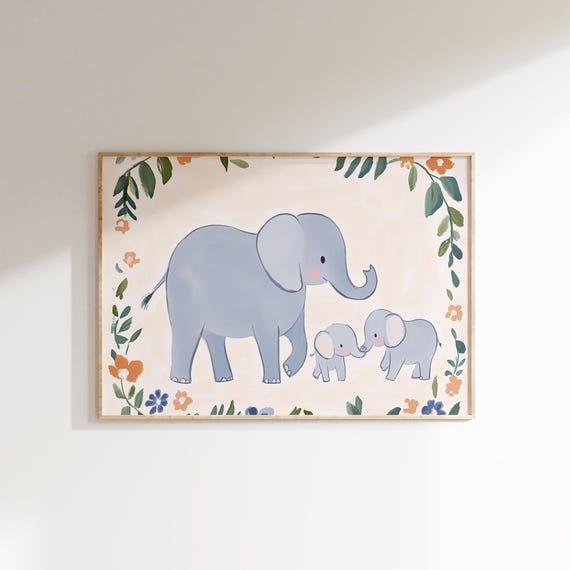 Elephant Family Nursery Wall Art Print Baby Room Decor Floral Botanical Safari Animal Prints