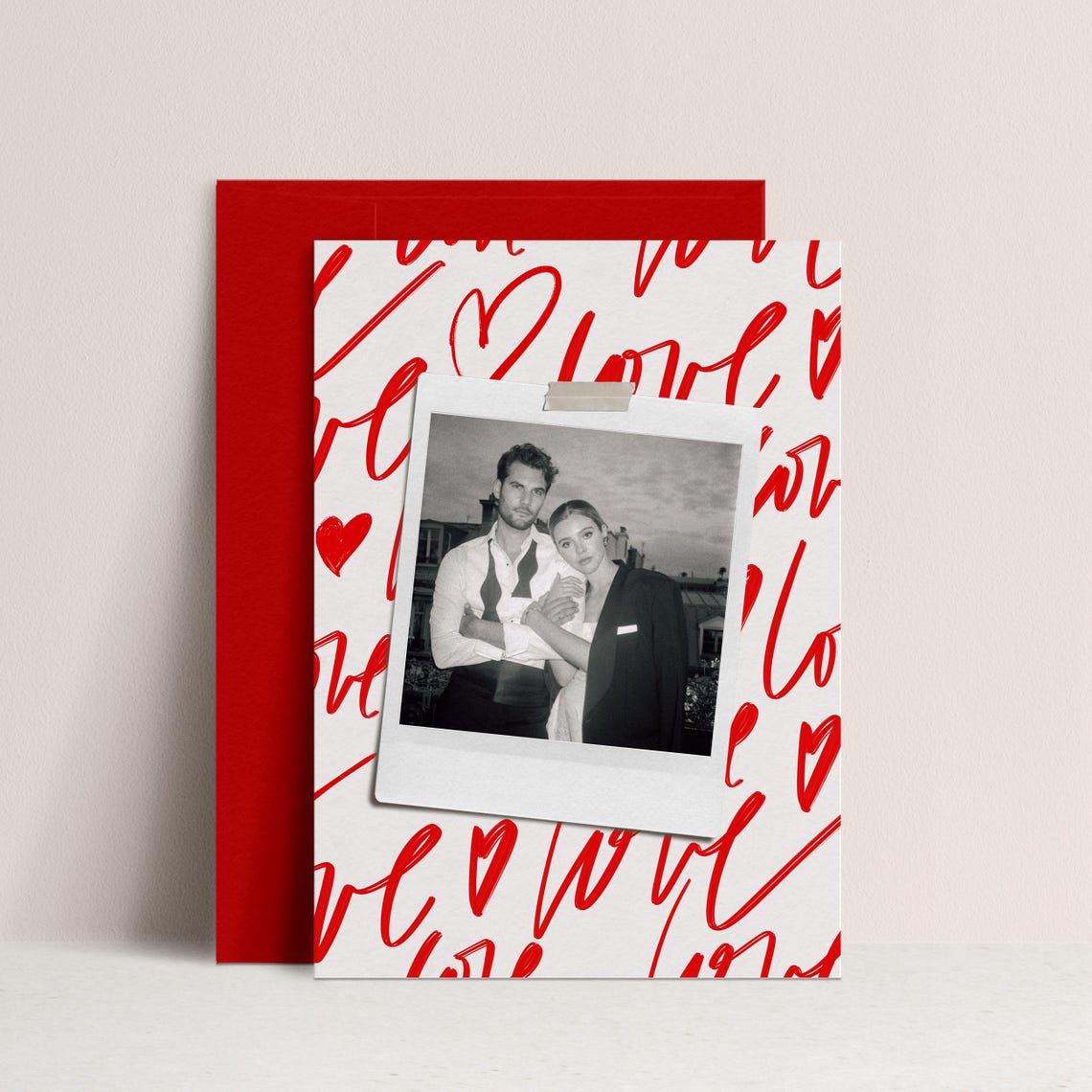 Modern Valentine Photo Card Red Love Script Hearts Polaroid Print