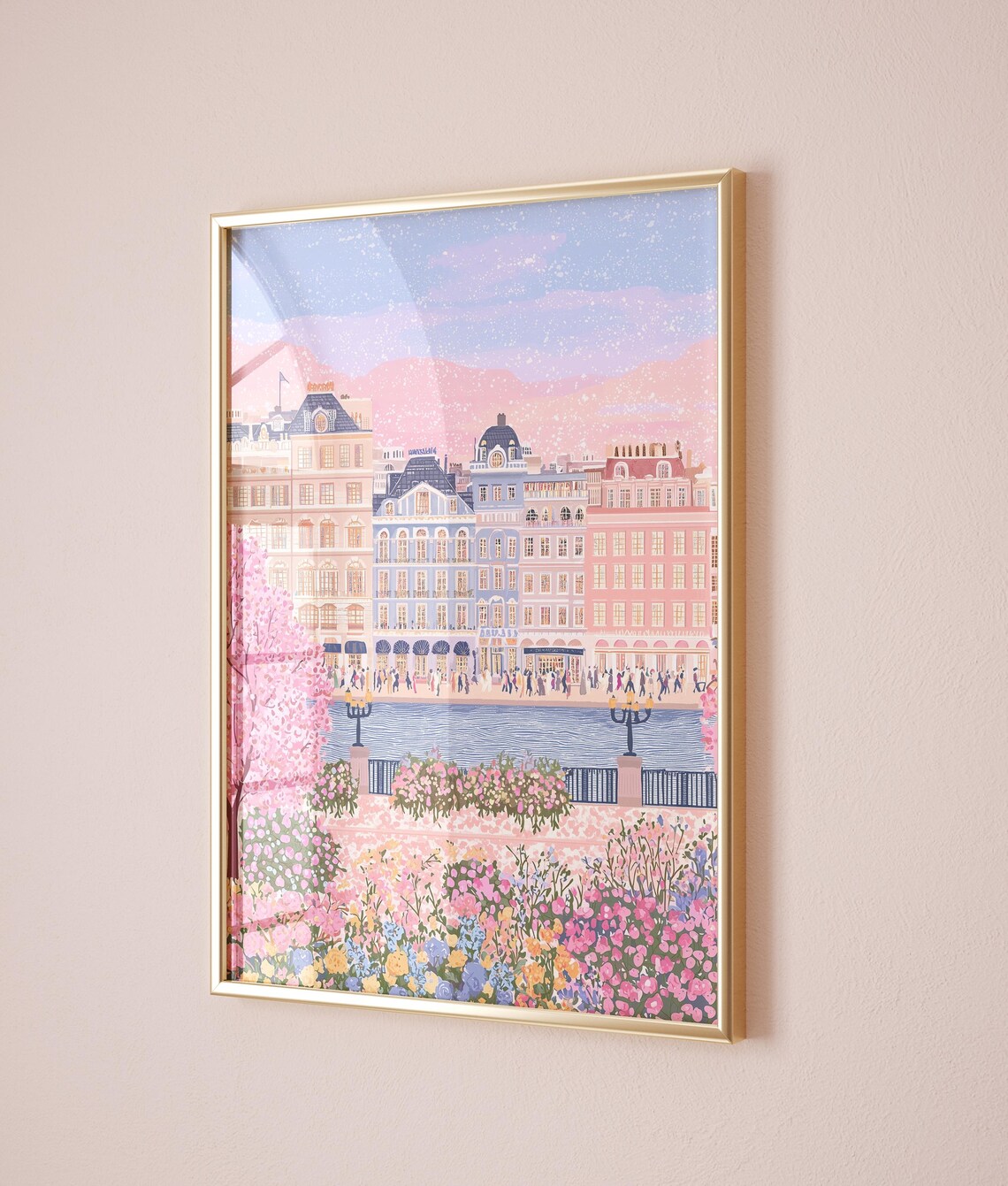 Paris River Art French City Pink Building Art Spring Flower Scene Folk Art Style European Art Print Travel Home Decor - Image 3