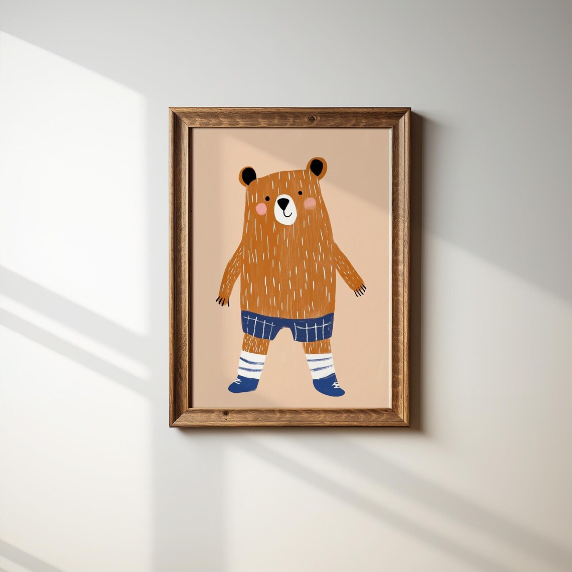 Playful Woodland Bear Kids Room Print Wearing Striped Socks and Shorts